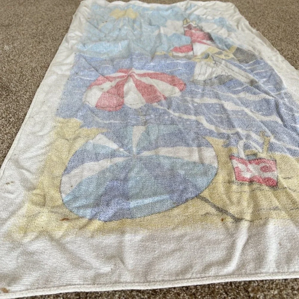 Vintage Beach Scene Towel Terry Cloth Lighthouse Seagulls Sailboat 46x25 Stains
